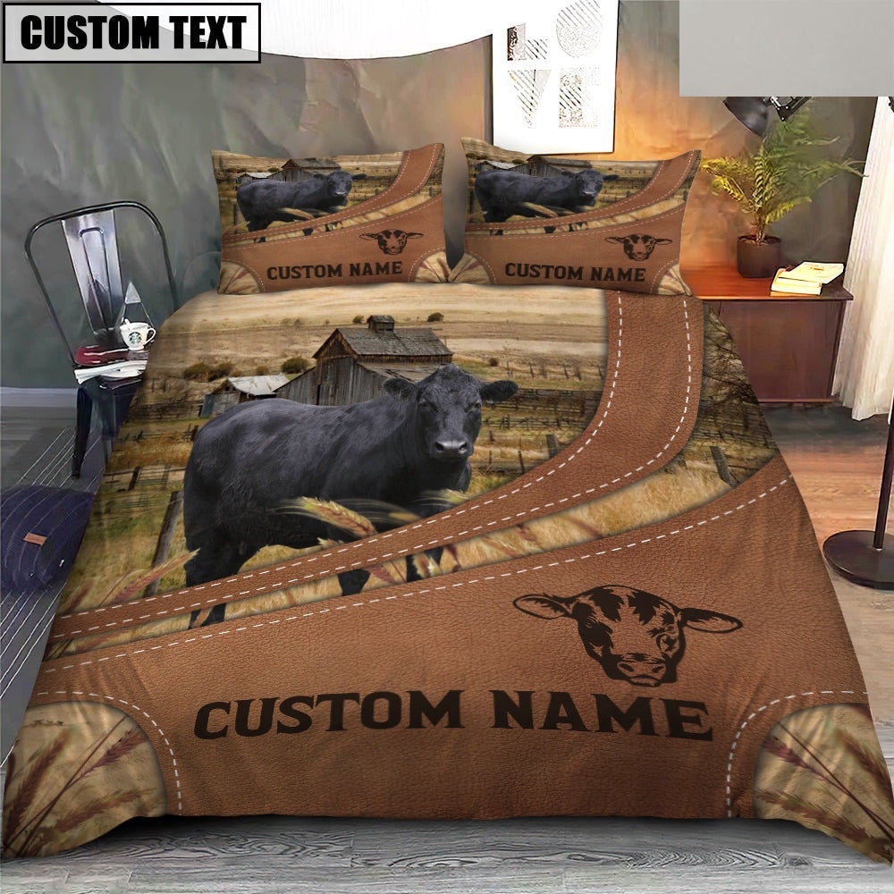 Custom Name Black Angus On Farm Bedding Set, Farm Bedding Set, Farmhouse Bedding Set