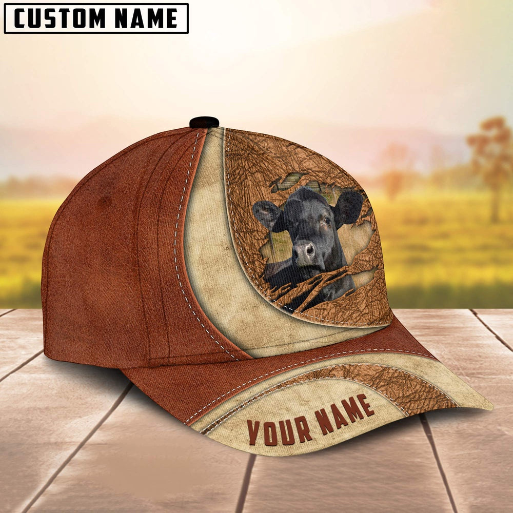 Custom Name Black Angus Torn Leather Pattern Classic Cap, Farmer Cap, Vintage Farmer Hat, Mens Farmer Hats, Cap For Farmers