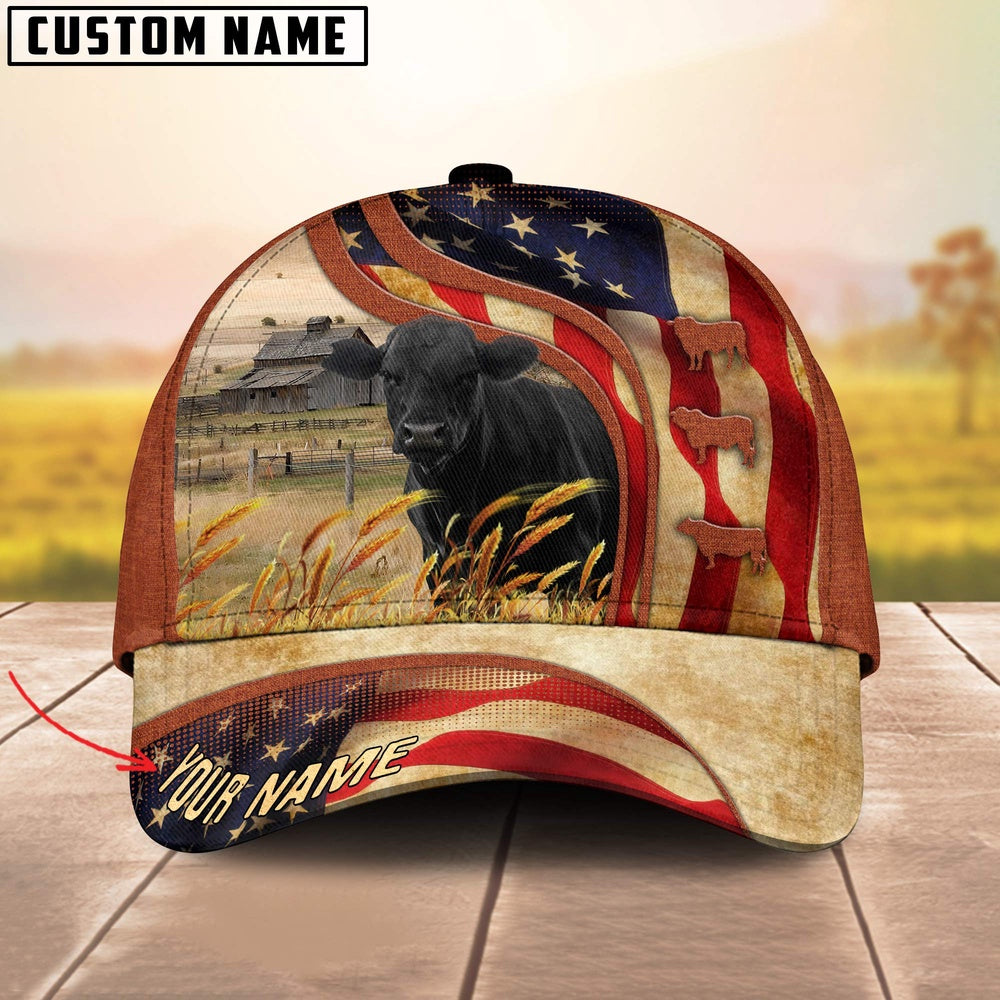 Custom Name Black Angus US Flag 3D Cap, Farmer Cap, Vintage Farmer Hat, Mens Farmer Hats, Cap For Farmers