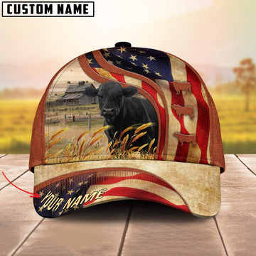 Custom Name Black Angus US Flag 3D Cap, Farmer Cap, Vintage Farmer Hat, Mens Farmer Hats, Cap For Farmers