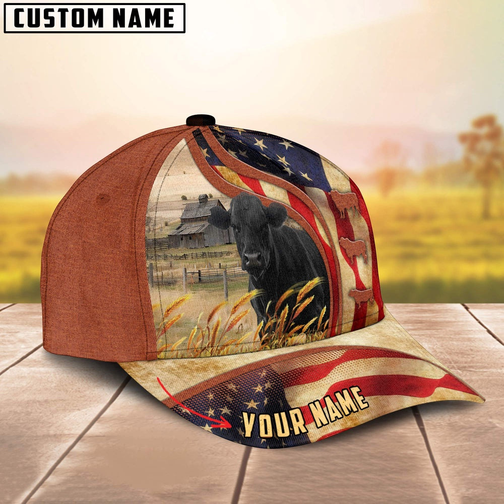 Custom Name Black Angus US Flag 3D Cap, Farmer Cap, Vintage Farmer Hat, Mens Farmer Hats, Cap For Farmers