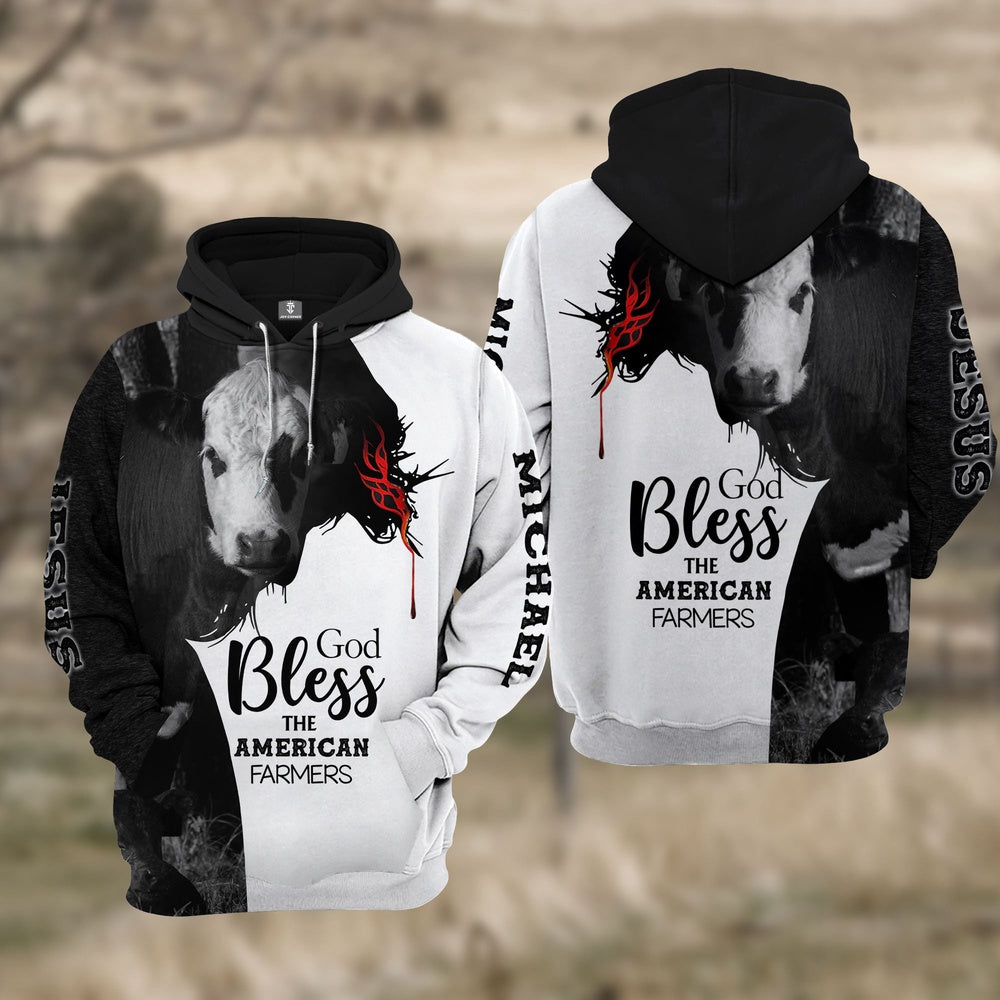 Custom Name Black Baldy Cattle 3D JESUS Blessing Hoodie, Farmer Hoodie, Custom Farm Shirts, Farmer T Shirt