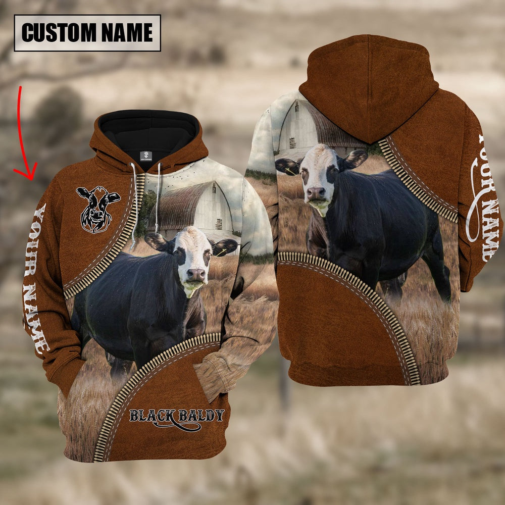 Custom Name Black Baldy Cattle Leather Zipper 3D Hoodie, Farmer Hoodie, Custom Farm Shirts, Farmer T Shirt