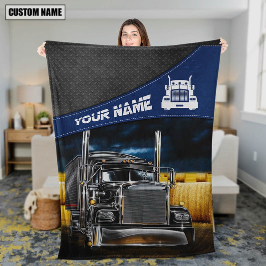 Custom Name Black Steel Pattern Trucker 3D All Over Printed Blanket, Farm Blanket, Farm Animal Blanket