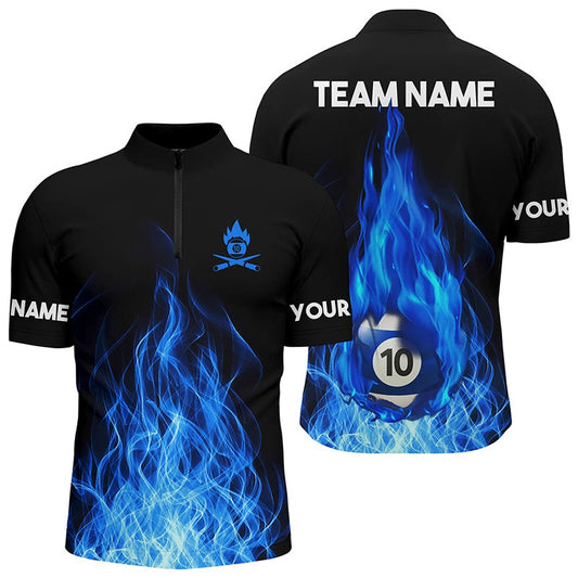 Custom Name Blue Flaming Billiard 3D Jersey Shirt, Billiard 10 Ball Pool For Team, Billiard Team Jersey Shirt
