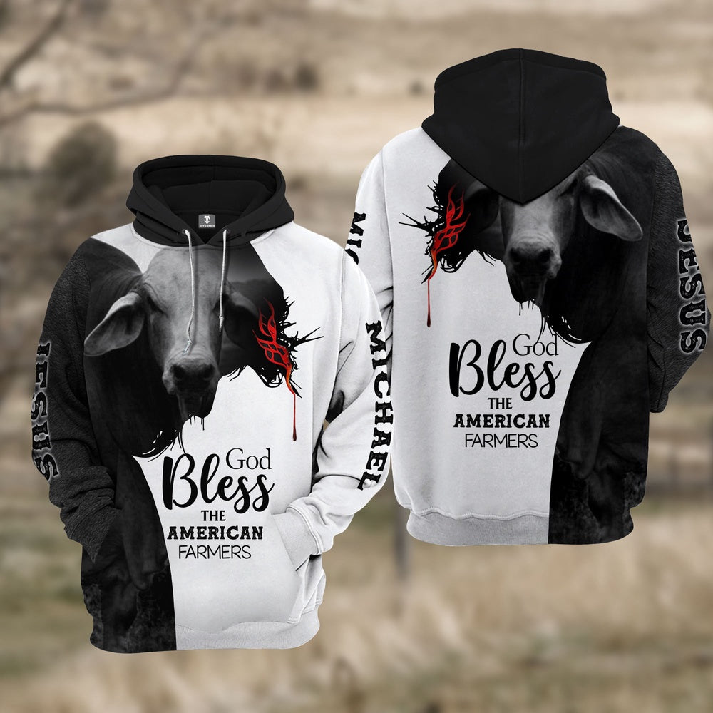 Custom Name Brahman Cattle 3D JESUS Blessing Hoodie, Farmer Hoodie, Custom Farm Shirts, Farmer T Shirt