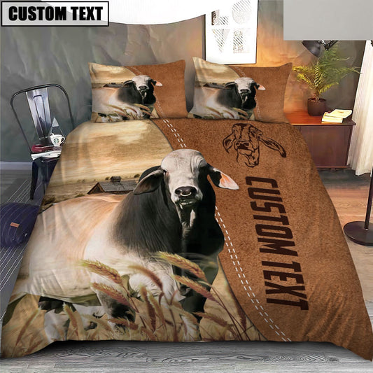 Custom Name Brahman Cattle Brown Bedding Set, Farm Bedding Set, Farmhouse Bedding Set