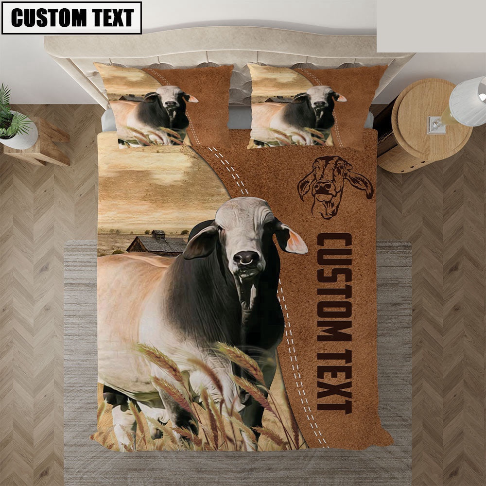 Custom Name Brahman Cattle Brown Bedding Set, Farm Bedding Set, Farmhouse Bedding Set