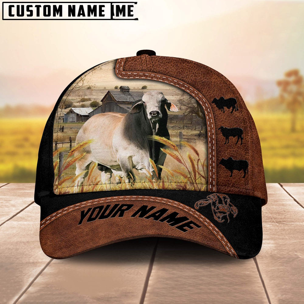 Custom Name Brahman Cattle Brown Black Leather Pattern Cap, Farmer Cap, Vintage Farmer Hat, Mens Farmer Hats, Cap For Farmers