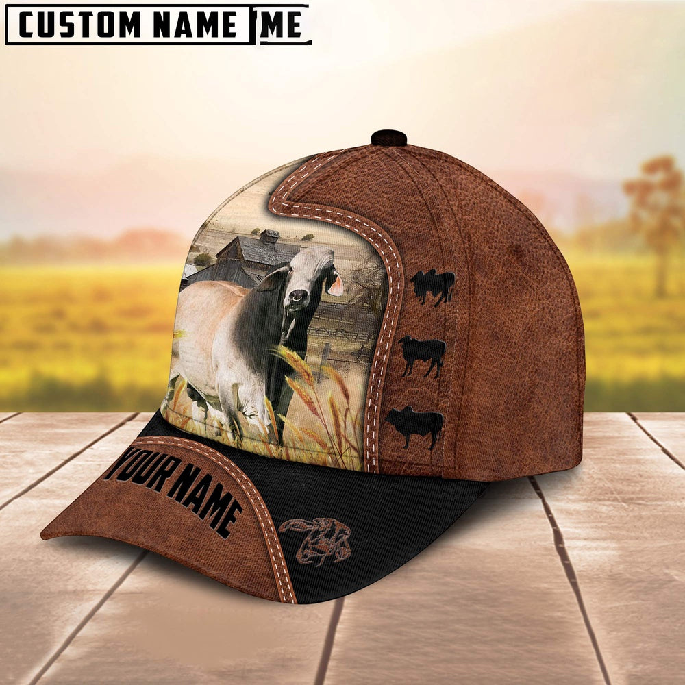 Custom Name Brahman Cattle Brown Black Leather Pattern Cap, Farmer Cap, Vintage Farmer Hat, Mens Farmer Hats, Cap For Farmers