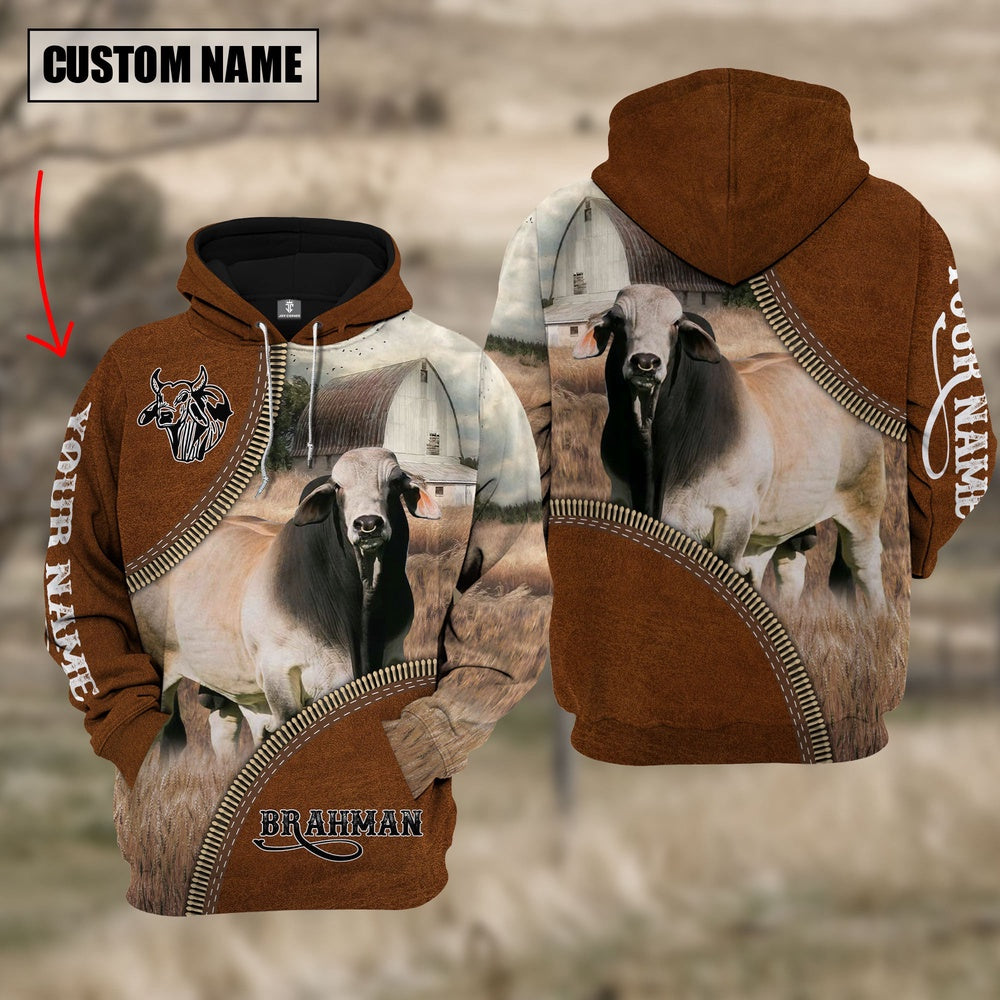 Custom Name Brahman Cattle Leather Zipper 3D Hoodie, Farmer Hoodie, Custom Farm Shirts, Farmer T Shirt