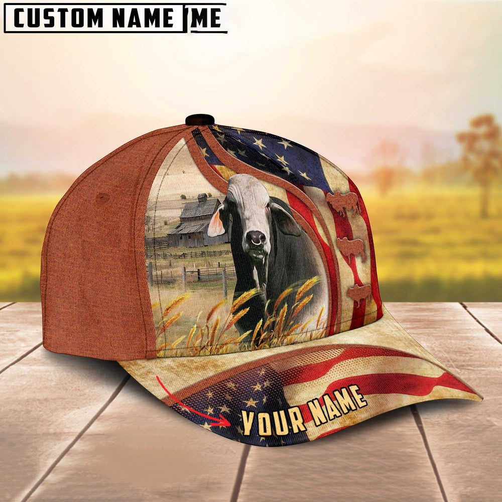 Custom Name Brahman Cattle US Flag 3D Cap, Farmer Cap, Vintage Farmer Hat, Mens Farmer Hats, Cap For Farmers
