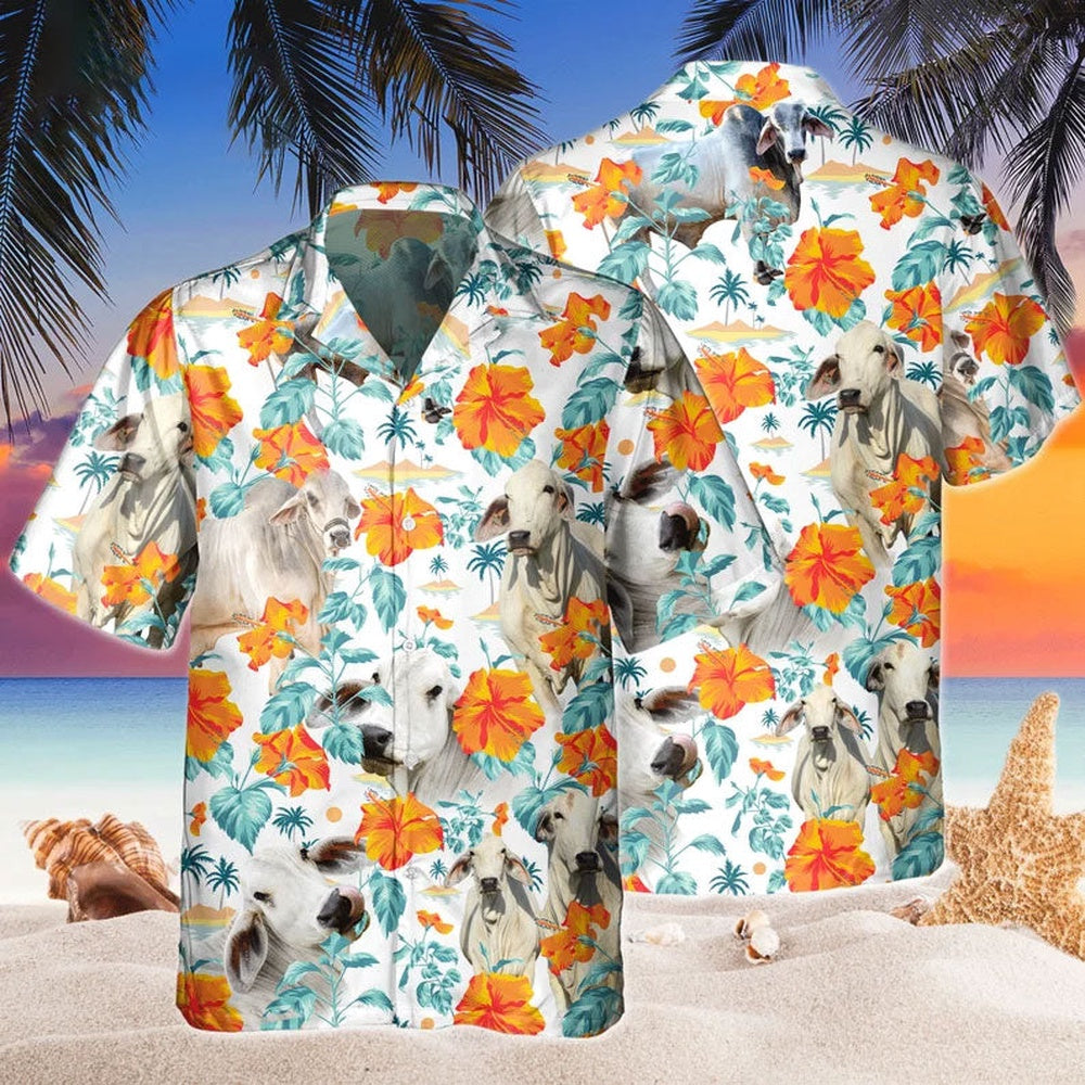 Custom Name Brahman Cow Hibiscus Flowers All 3D Printed Hawaiian shirt, Farm Hawaiian Shirt, Farmer Hawaii