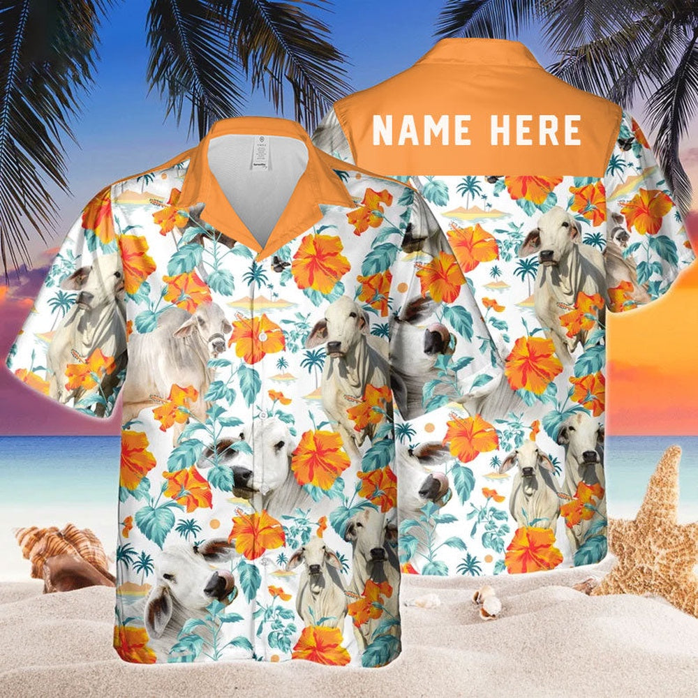 Custom Name Brahman Cow Hibiscus Flowers All 3D Printed Hawaiian shirt, Farm Hawaiian Shirt, Farmer Hawaii