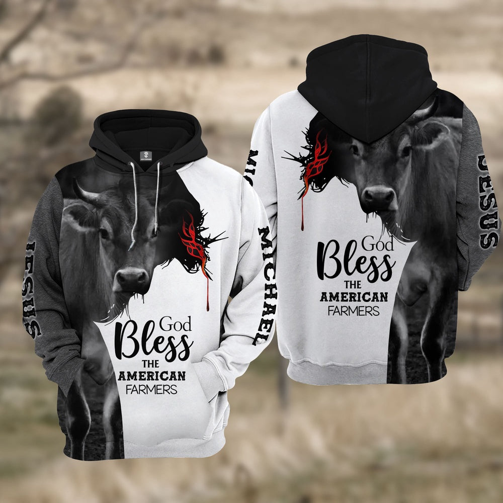 Custom Name Brown Swiss Cattle 3D JESUS Blessing Hoodie, Farmer Hoodie, Custom Farm Shirts, Farmer T Shirt