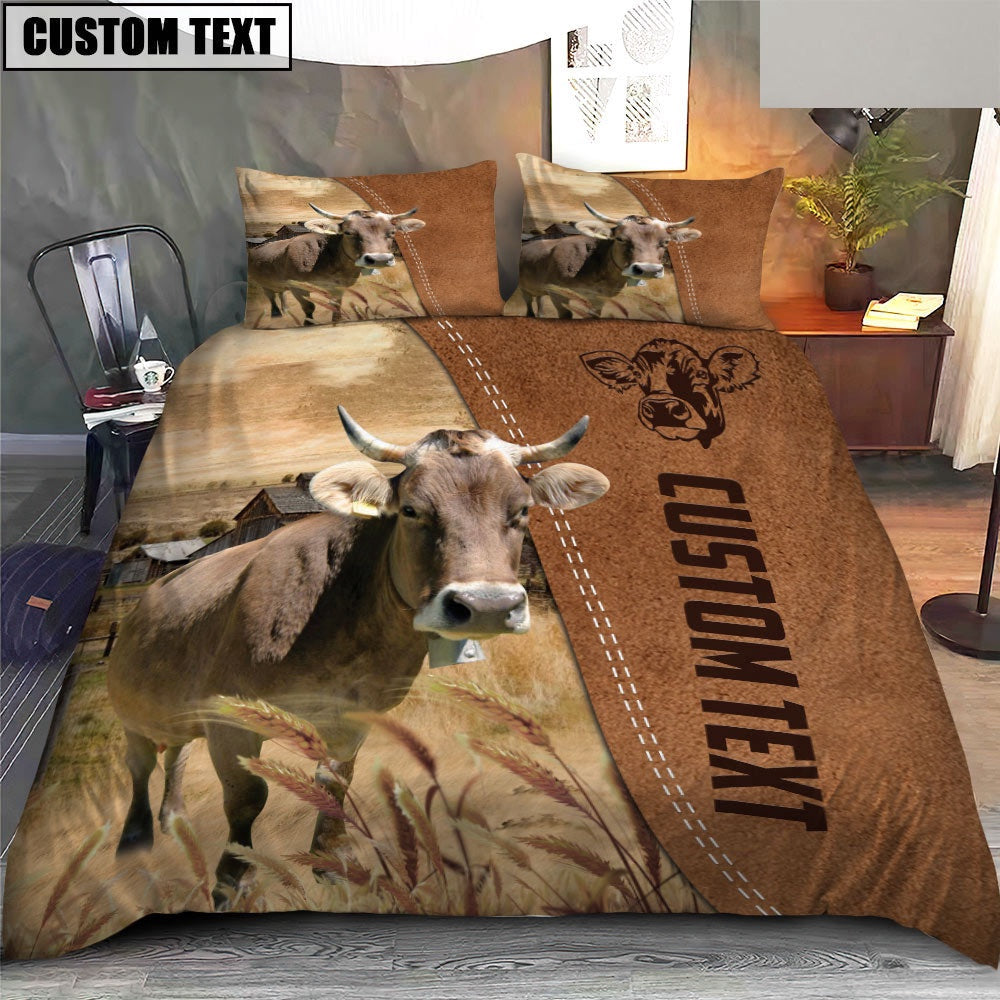 Custom Name Brown Swiss Cattle Brown Bedding Set, Farm Bedding Set, Farmhouse Bedding Set