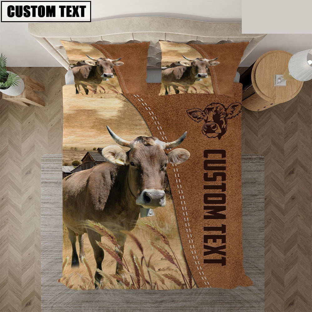 Custom Name Brown Swiss Cattle Brown Bedding Set, Farm Bedding Set, Farmhouse Bedding Set