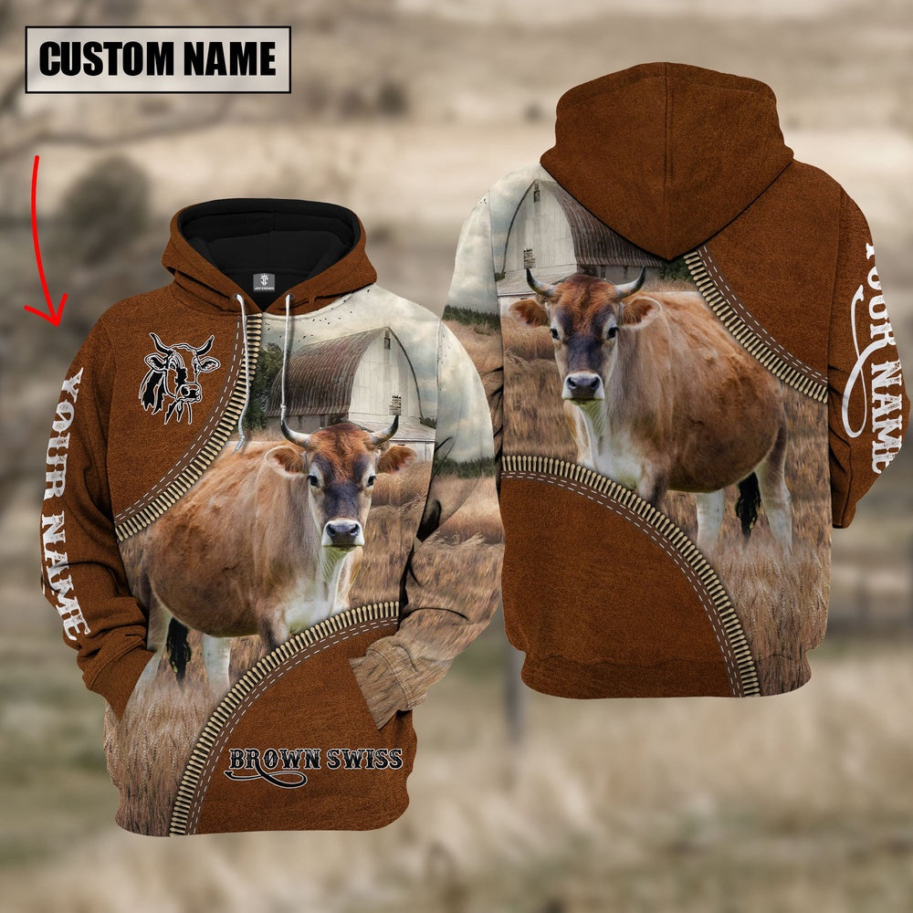 Custom Name Brown Swiss Cattle Leather Zipper 3D Hoodie, Farmer Hoodie, Custom Farm Shirts, Farmer T Shirt