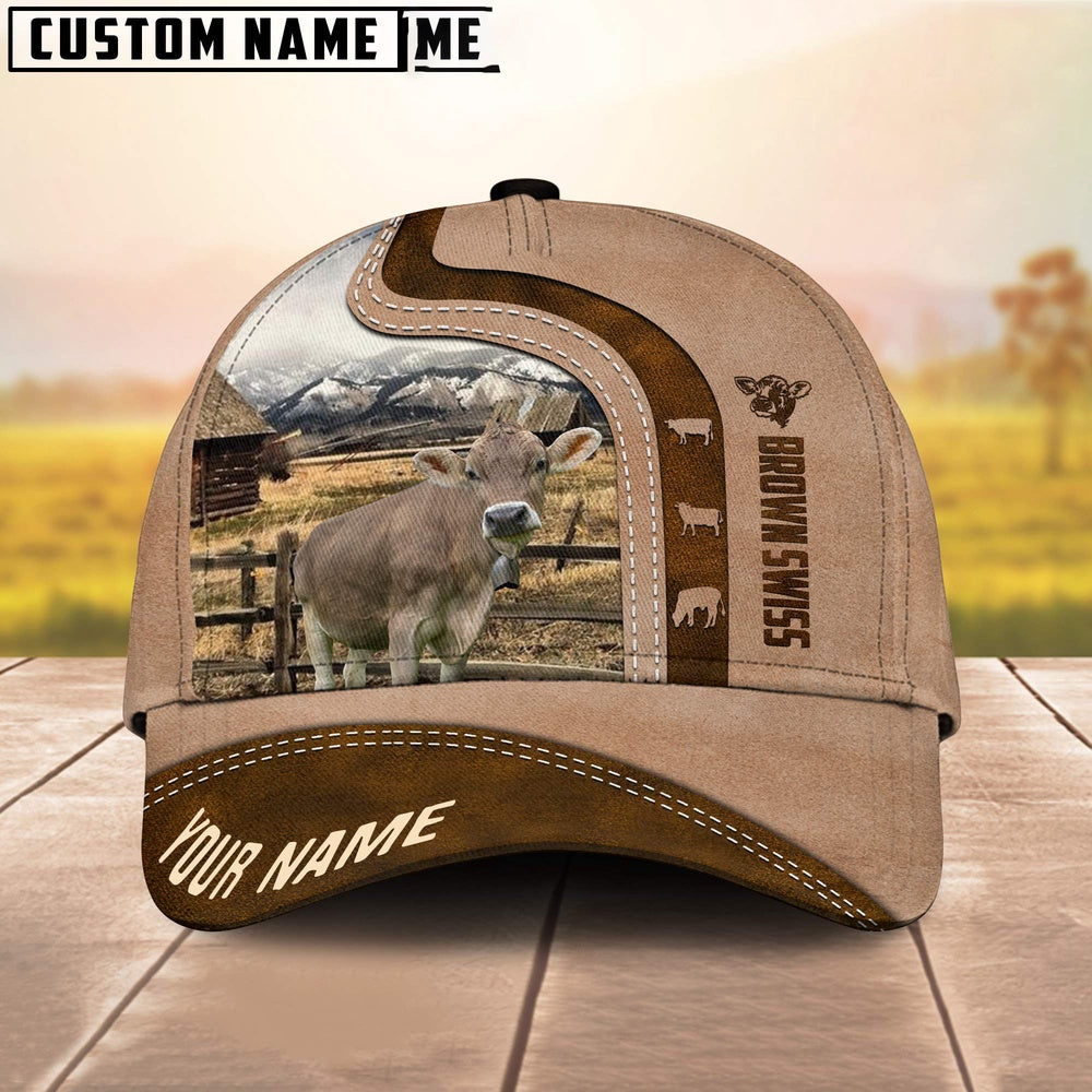 Custom Name Brown Swiss Cattle Light Brown Cap, Farmer Cap, Vintage Farmer Hat, Mens Farmer Hats, Cap For Farmers
