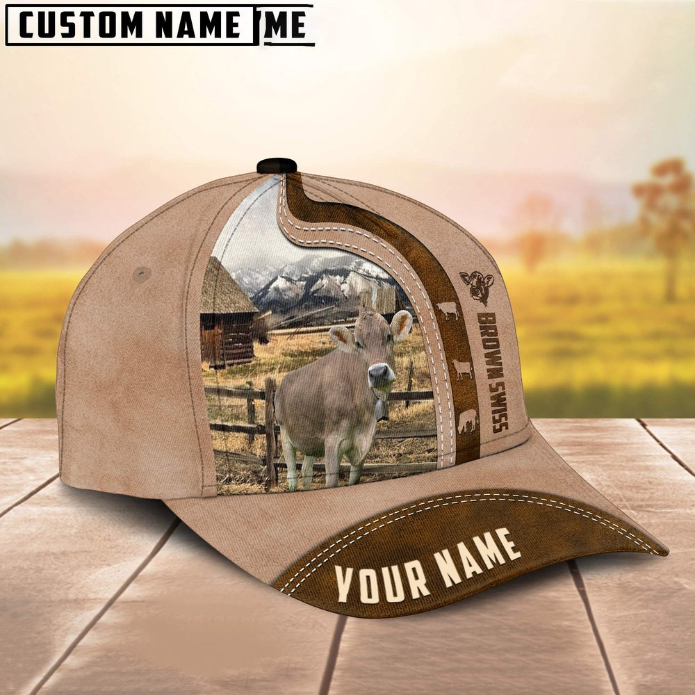 Custom Name Brown Swiss Cattle Light Brown Cap, Farmer Cap, Vintage Farmer Hat, Mens Farmer Hats, Cap For Farmers