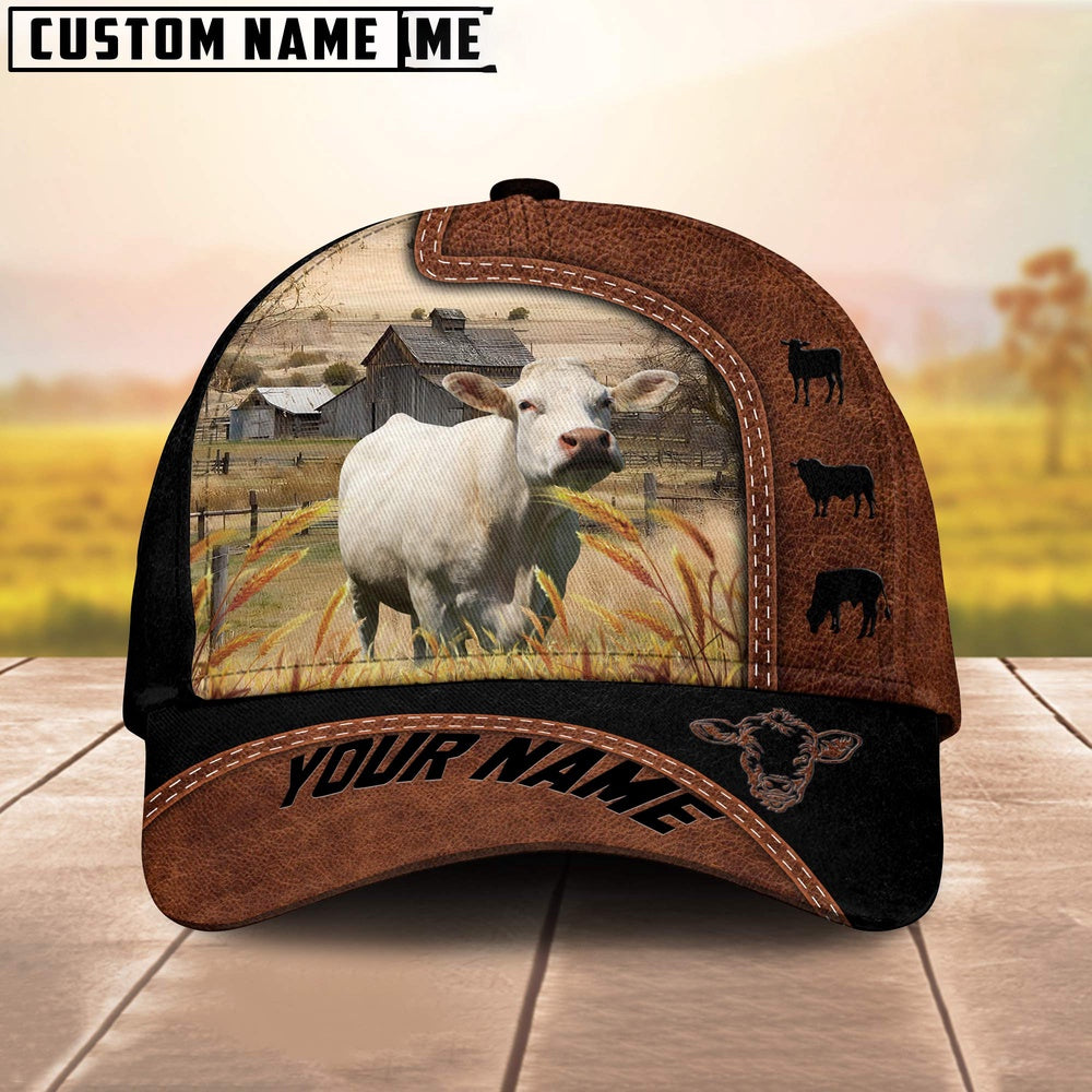 Custom Name Charolais Brown Black Leather Pattern Cap, Farmer Cap, Vintage Farmer Hat, Mens Farmer Hats, Cap For Farmers