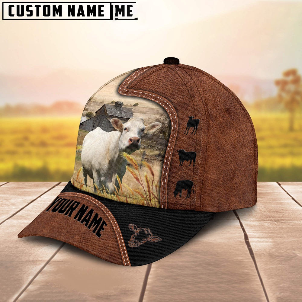 Custom Name Charolais Brown Black Leather Pattern Cap, Farmer Cap, Vintage Farmer Hat, Mens Farmer Hats, Cap For Farmers