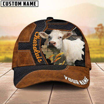 Custom Name Charolais Brown Leather Pattern 3D Cap, Farmer Cap, Vintage Farmer Hat, Mens Farmer Hats, Cap For Farmers