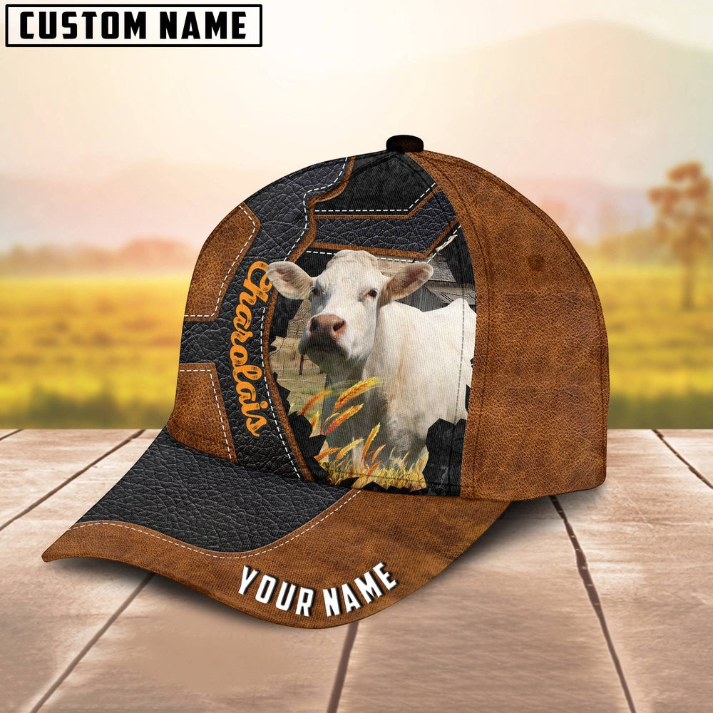 Custom Name Charolais Brown Leather Pattern 3D Cap, Farmer Cap, Vintage Farmer Hat, Mens Farmer Hats, Cap For Farmers