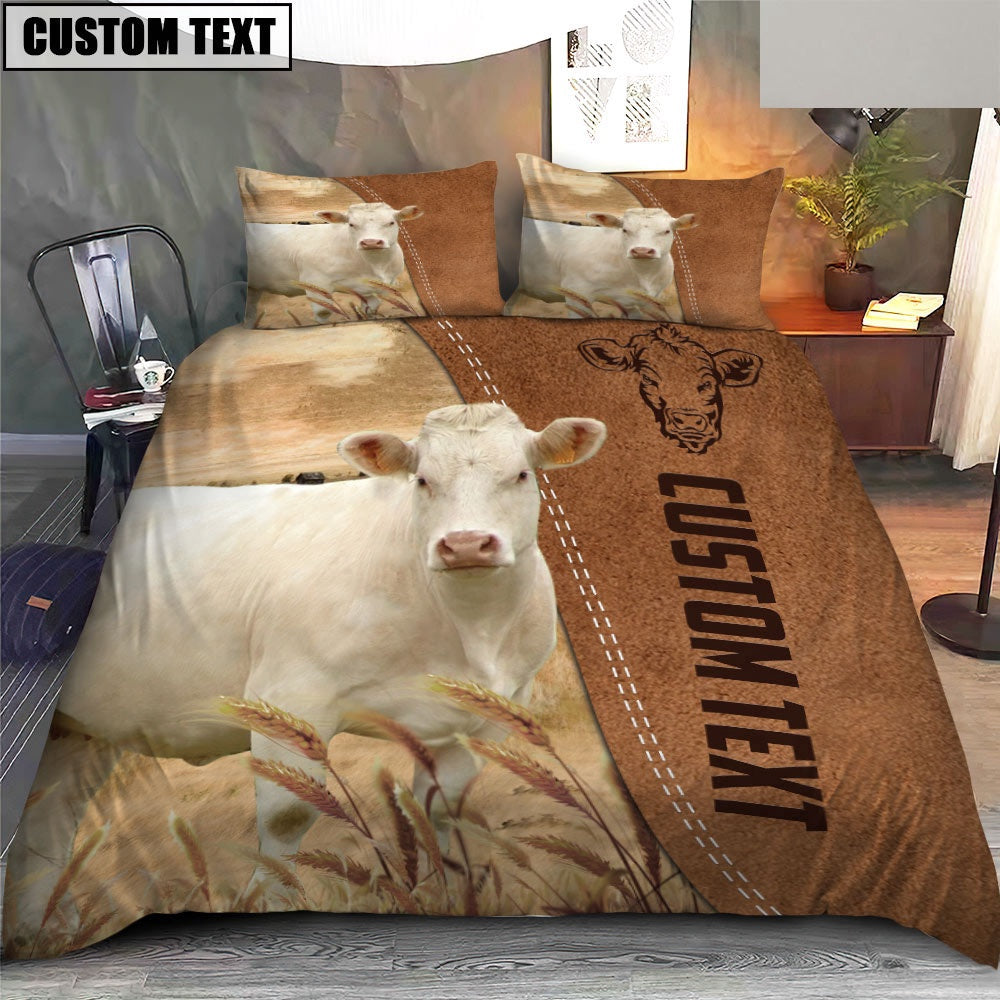Custom Name Charolais Cattle Brown Bedding Set, Farm Bedding Set, Farmhouse Bedding Set