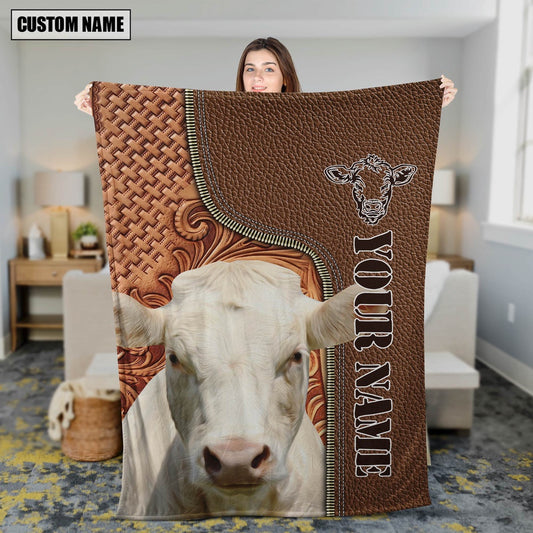 Custom Name Charolais Cattle Leather Carving Blanket, Farm Blanket, Farm Animal Blanket