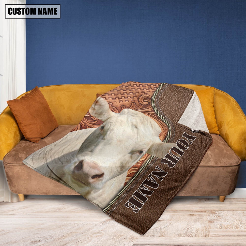 Custom Name Charolais Cattle Leather Carving Blanket, Farm Blanket, Farm Animal Blanket