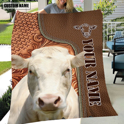 Custom Name Charolais Cattle Leather Carving Blanket, Farm Blanket, Farm Animal Blanket