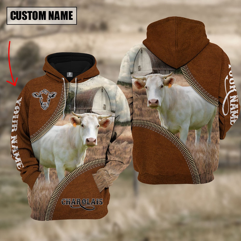 Custom Name Charolais Cattle Leather Zipper 3D Hoodie, Farmer Hoodie, Custom Farm Shirts, Farmer T Shirt
