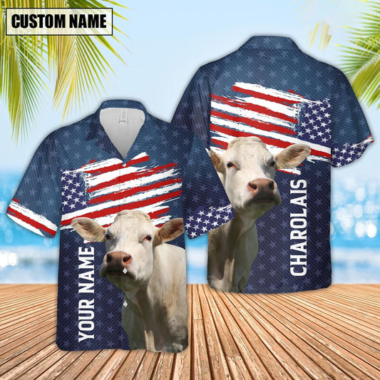 Custom Name Charolais Cattle US Flag Pattern Hawaiian Shirt, Farm Hawaiian Shirt, Farmer Hawaii