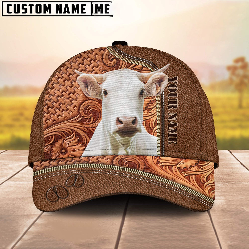 Custom Name Charolais Leather Carving Patterns Cap, Farmer Cap, Vintage Farmer Hat, Mens Farmer Hats, Cap For Farmers