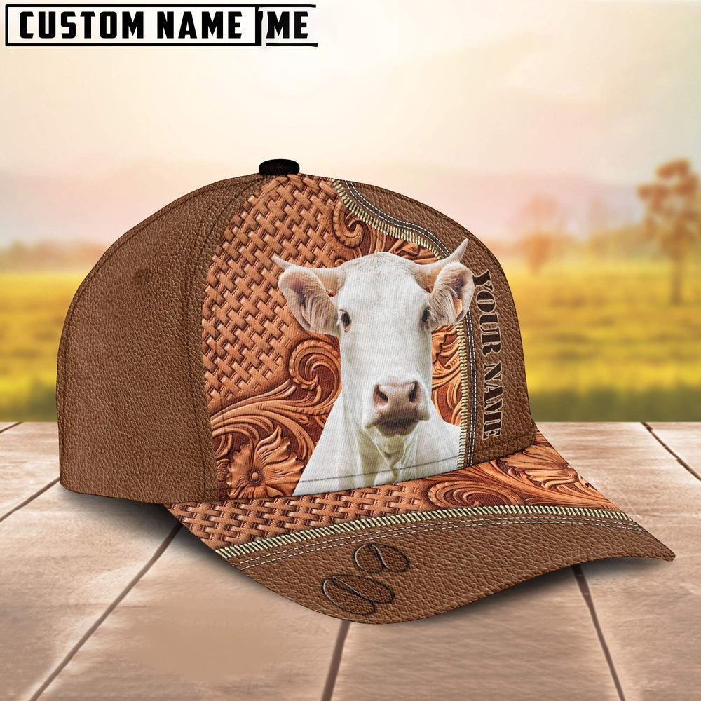 Custom Name Charolais Leather Carving Patterns Cap, Farmer Cap, Vintage Farmer Hat, Mens Farmer Hats, Cap For Farmers