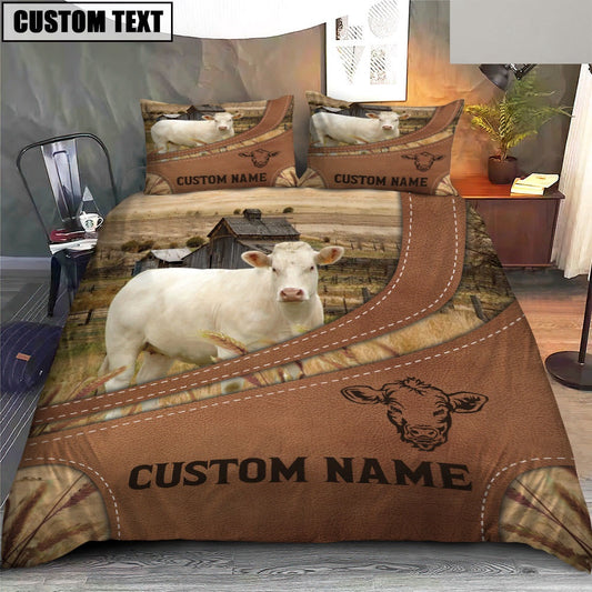 Custom Name Charolais No Horn On Farm Bedding Set, Farm Bedding Set, Farmhouse Bedding Set