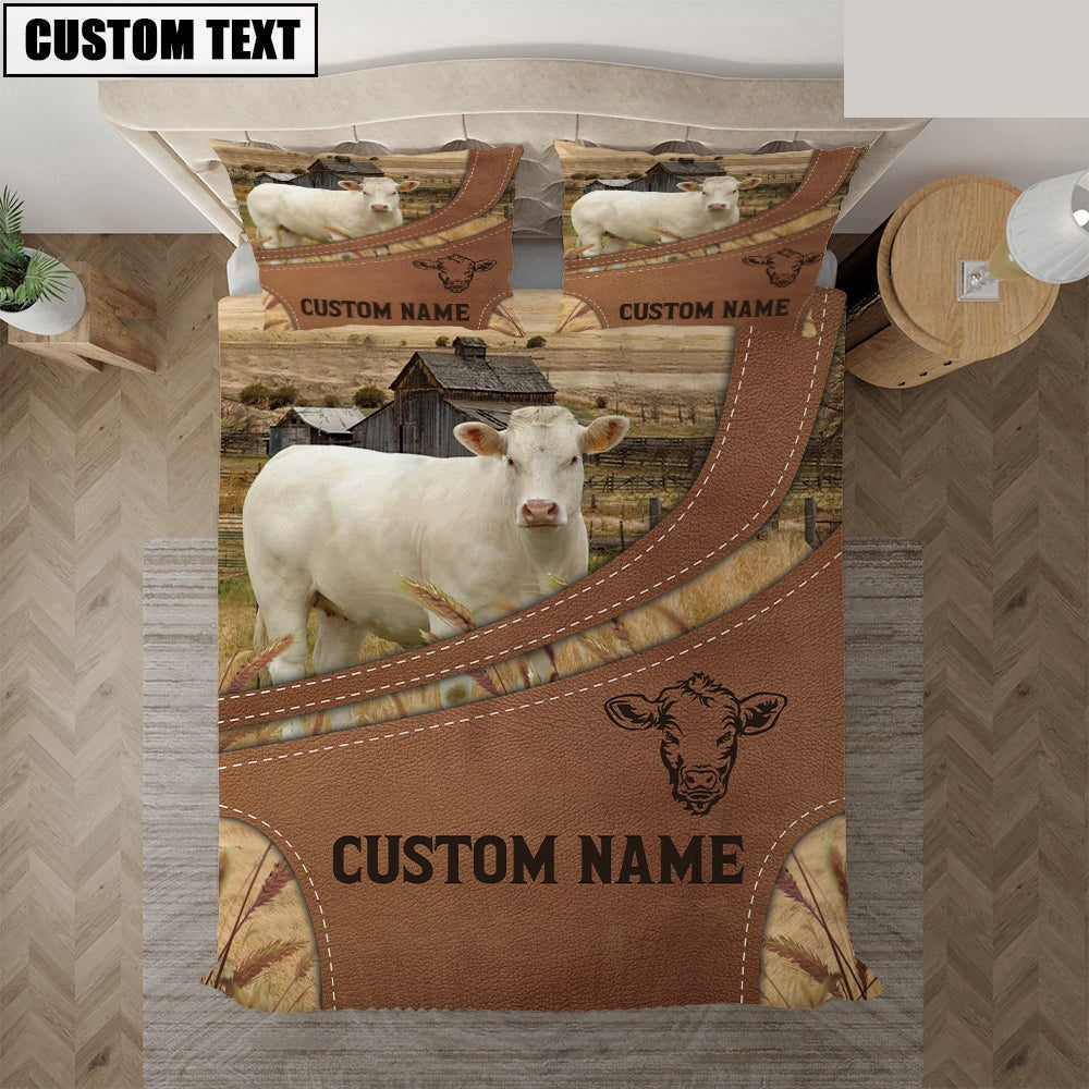 Custom Name Charolais No Horn On Farm Bedding Set, Farm Bedding Set, Farmhouse Bedding Set