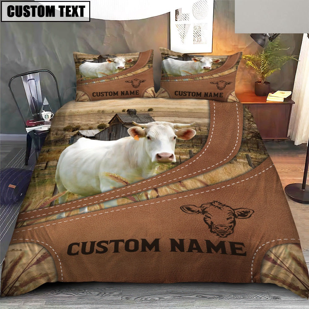 Custom Name Charolais On Farm Bedding Set, Farm Bedding Set, Farmhouse Bedding Set