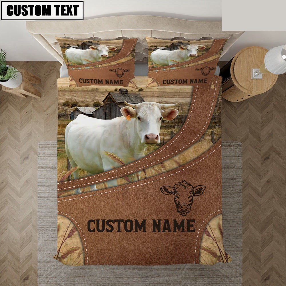 Custom Name Charolais On Farm Bedding Set, Farm Bedding Set, Farmhouse Bedding Set
