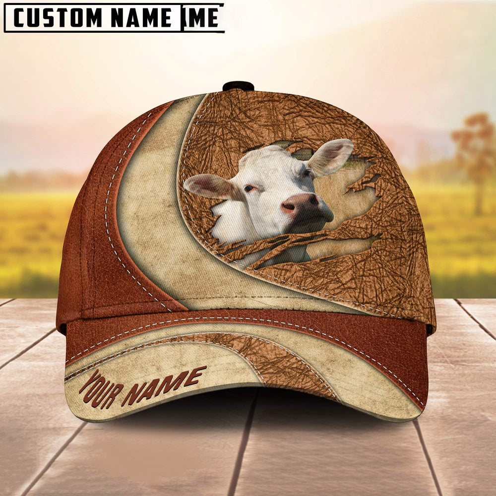 Custom Name Charolais Torn Leather Pattern Classic Cap, Farmer Cap, Vintage Farmer Hat, Mens Farmer Hats, Cap For Farmers