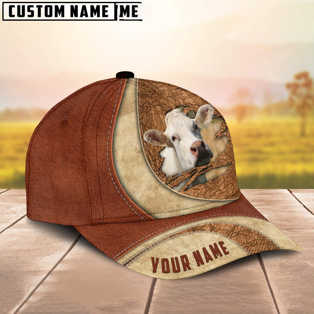 Custom Name Charolais Torn Leather Pattern Classic Cap, Farmer Cap, Vintage Farmer Hat, Mens Farmer Hats, Cap For Farmers