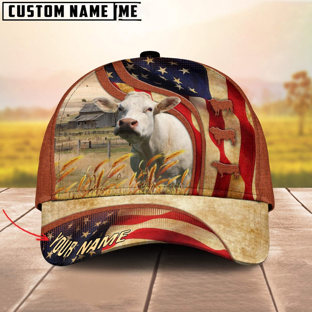 Custom Name Charolais US Flag 3D Cap, Farmer Cap, Vintage Farmer Hat, Mens Farmer Hats, Cap For Farmers