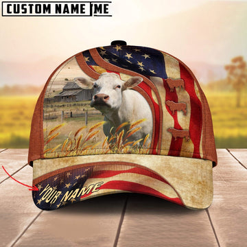 Custom Name Charolais US Flag 3D Cap, Farmer Cap, Vintage Farmer Hat, Mens Farmer Hats, Cap For Farmers