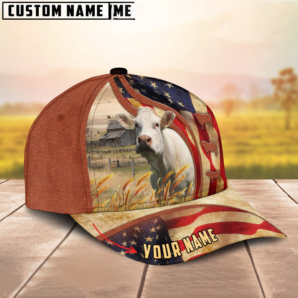 Custom Name Charolais US Flag 3D Cap, Farmer Cap, Vintage Farmer Hat, Mens Farmer Hats, Cap For Farmers