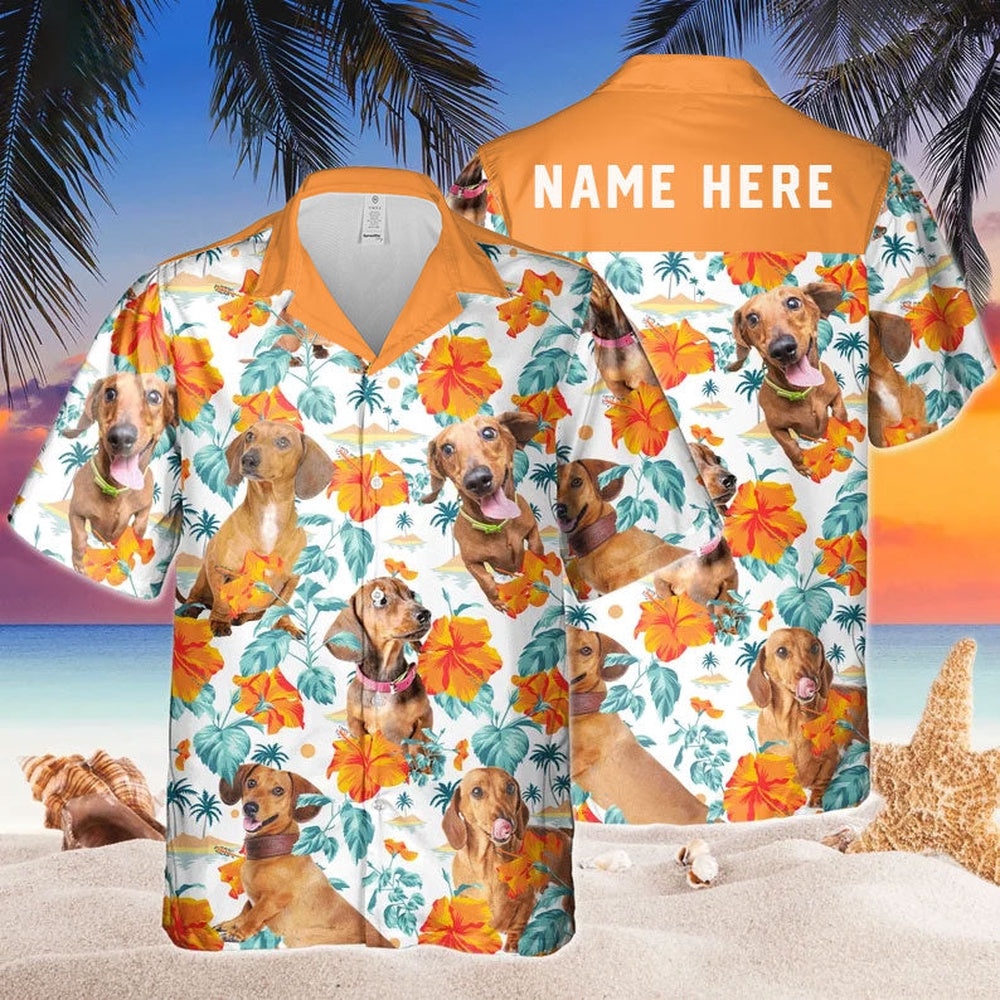 Custom Name Dachshund Dog Hibiscus Flowers All 3D Printed Hawaiian shirt, Farm Hawaiian Shirt, Farmer Hawaii