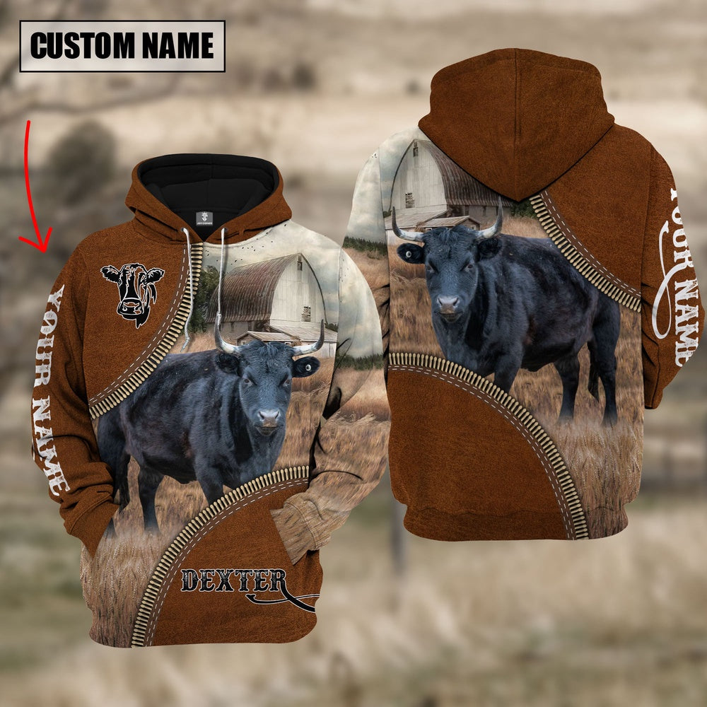 Custom Name Dexter Cattle Leather Zipper 3D Hoodie, Farmer Hoodie, Custom Farm Shirts, Farmer T Shirt