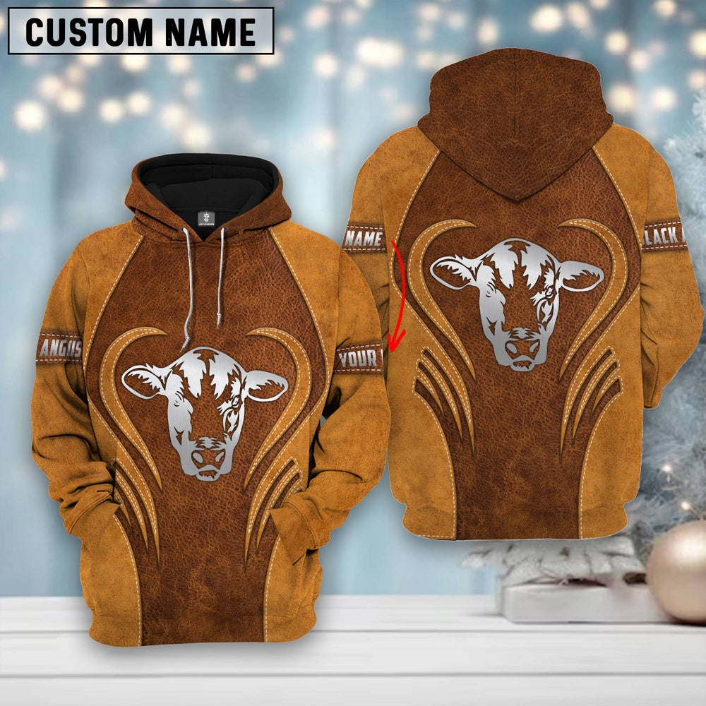 Custom Name Farm Black Angus Lovers Heart Leather Pattern Merry Christmas 3D Printed Hoodie, Farmer Hoodie, Custom Farm Shirts, Farmer T Shirt