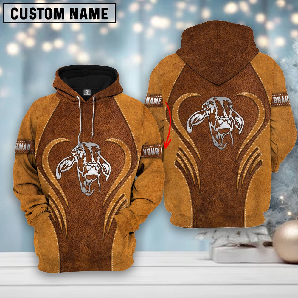 Custom Name Farm Brahman Lovers Heart Leather Pattern Merry Christmas 3D Printed Hoodie, Farmer Hoodie, Custom Farm Shirts, Farmer T Shirt