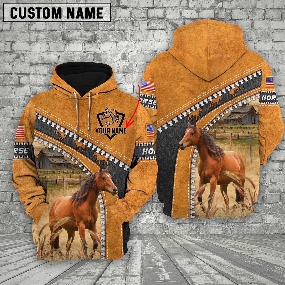 Custom Name Farm Brown Horse Leather Zip Pattern 3D Shirts, Farmer Hoodie, Custom Farm Shirts, Farmer T Shirt